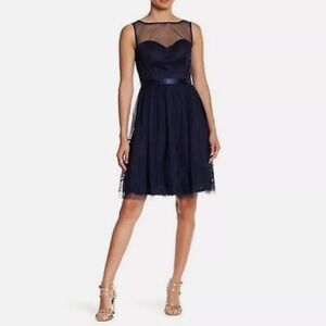 Eliza J Navy Blue Mesh Detail Textured Fit & Flare Party Dress, Size Large